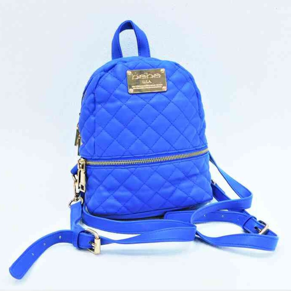 ❌SOLD❌BEBE Blue Faux Leather Gold Zipper Adjustable Backpack - Picture 1 of 9
